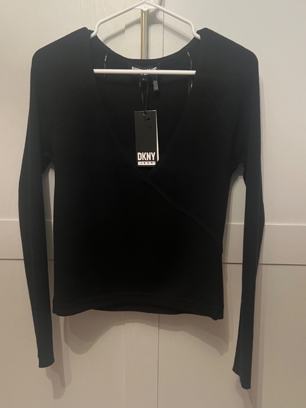 NWT DKNY Jeans Ribbed Faux Wrap Sweater Black Size M